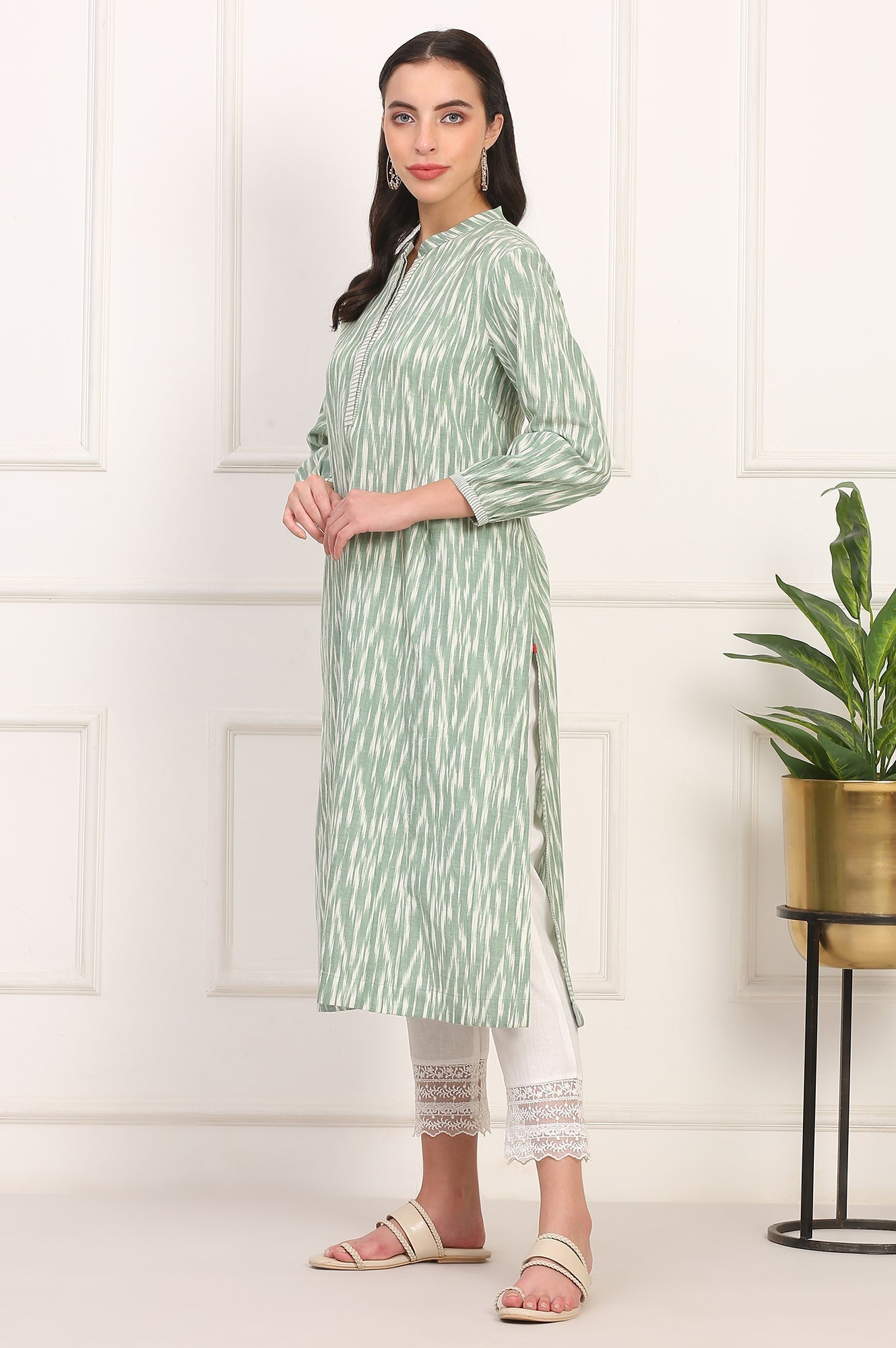 W for Woman New Sage Green Ikat Printed A-Line Pure Cotton Kurta