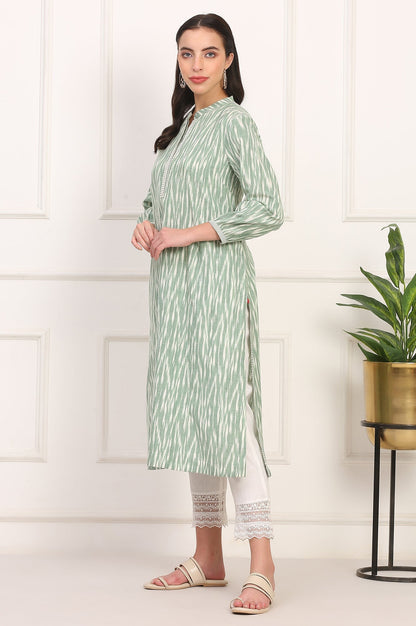 W for Woman New Sage Green Ikat Printed A-Line Pure Cotton Kurta
