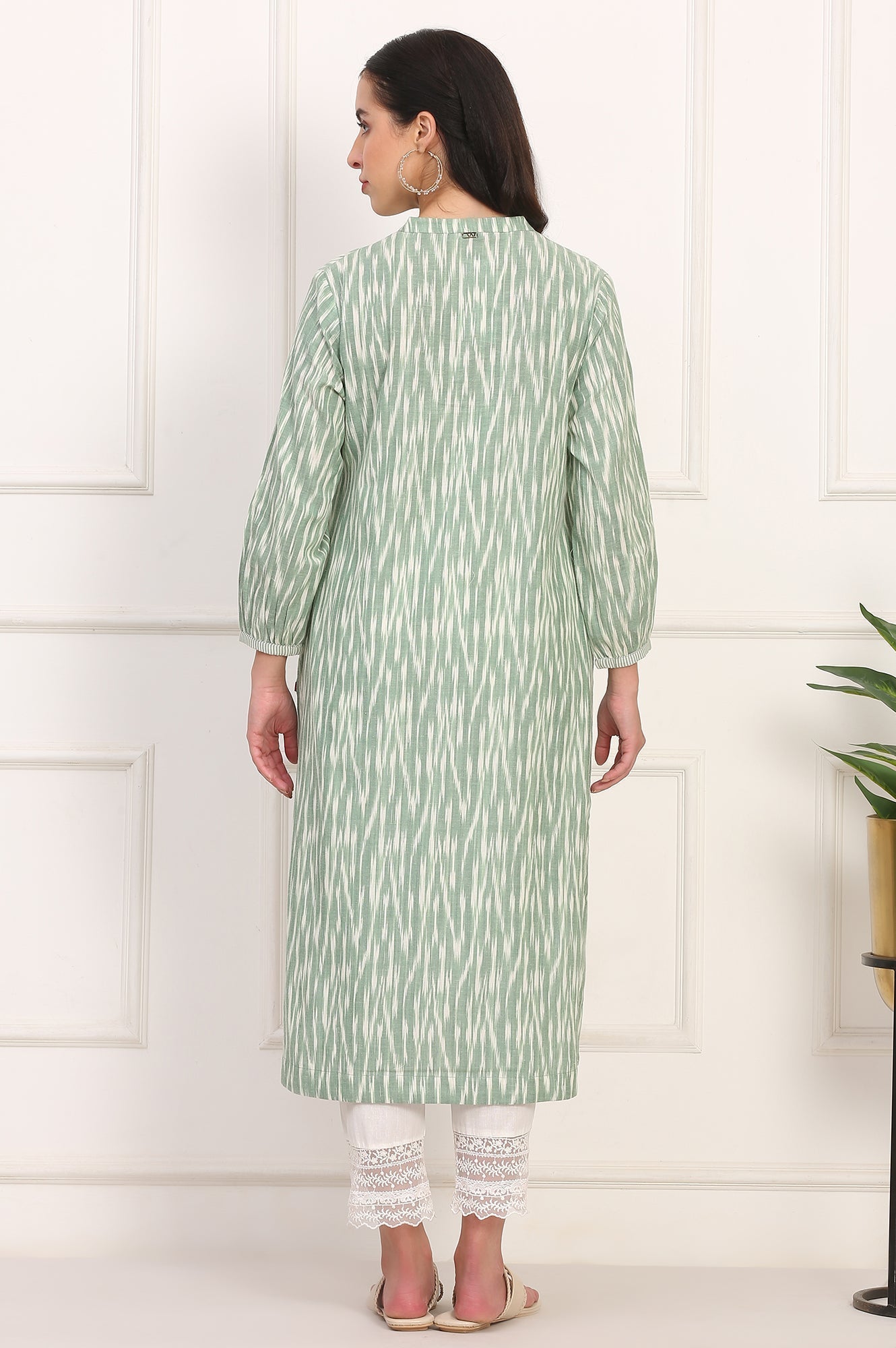 W for Woman New Sage Green Ikat Printed A-Line Pure Cotton Kurta