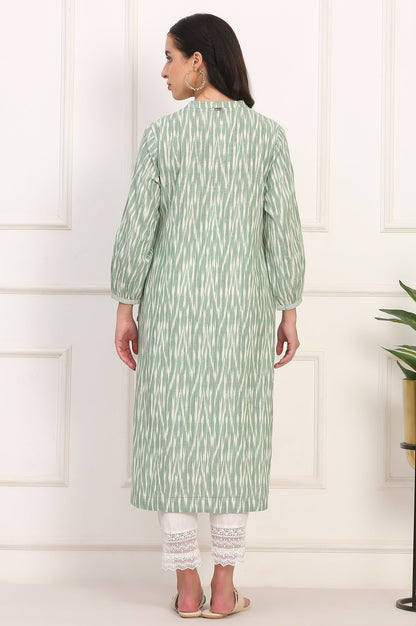 W for Woman New Sage Green Ikat Printed A-Line Pure Cotton Kurta