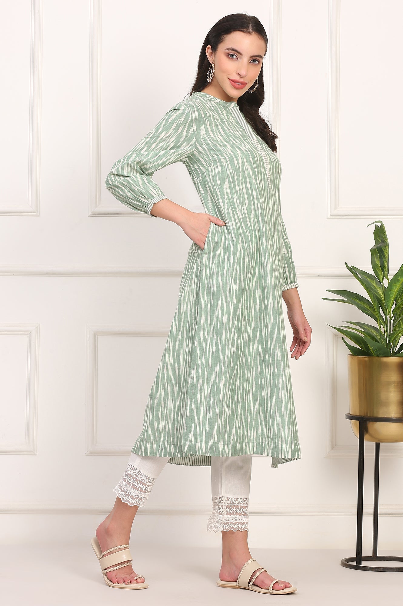 W for Woman New Sage Green Ikat Printed A-Line Pure Cotton Kurta