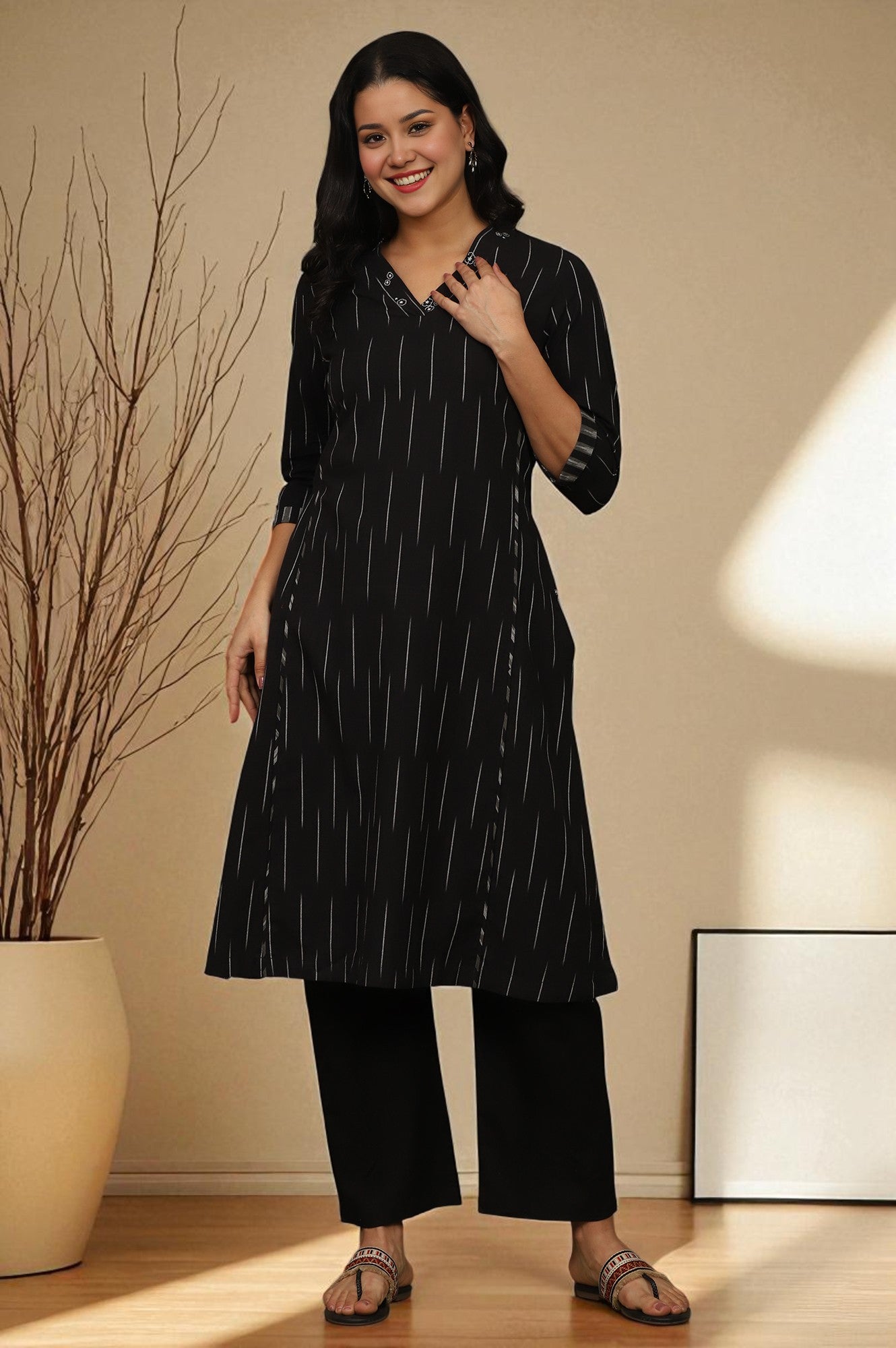 W for Woman Black Yarn Dyed Floral Embroidered Pure Cotton Straight Kurta
