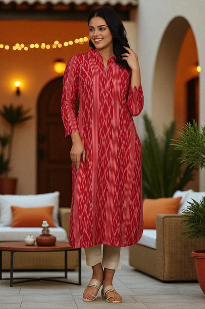 W for Woman Red Ikat Yarn Dyed Pure Cotton Shirt Collar Kurta