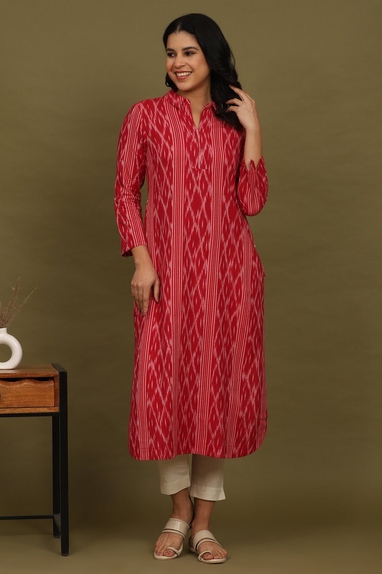 W for Woman Red Ikat Yarn Dyed Pure Cotton Shirt Collar Kurta