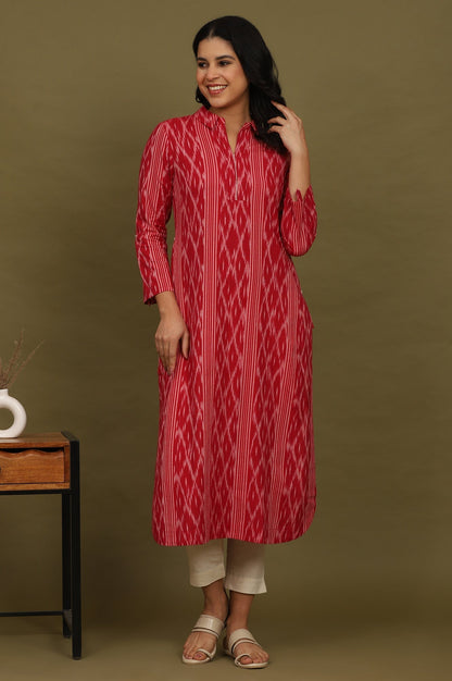 W for Woman Red Ikat Yarn Dyed Pure Cotton Shirt Collar Kurta