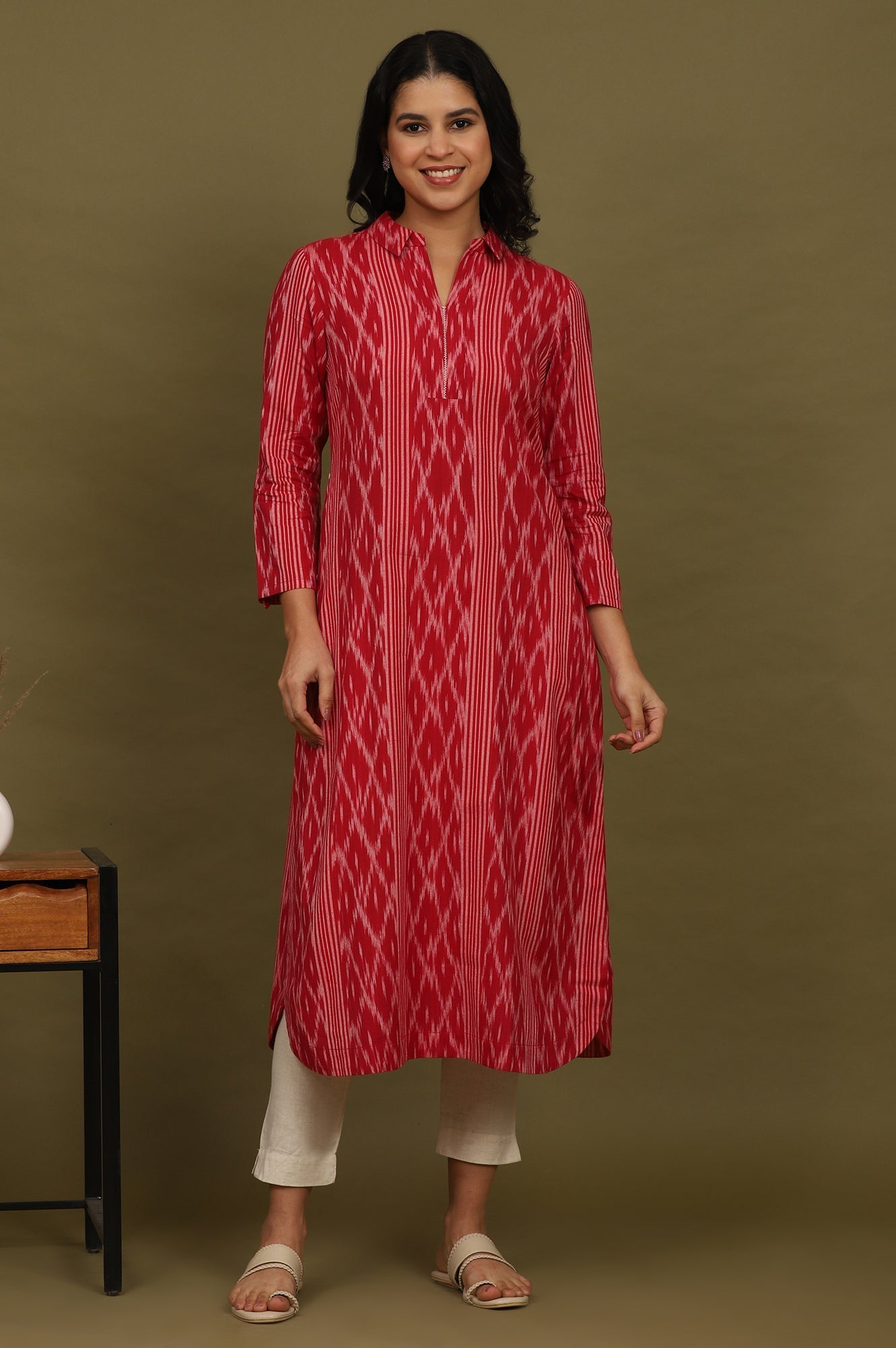 W for Woman Red Ikat Yarn Dyed Pure Cotton Shirt Collar Kurta