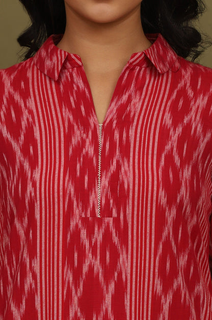 W for Woman Red Ikat Yarn Dyed Pure Cotton Shirt Collar Kurta