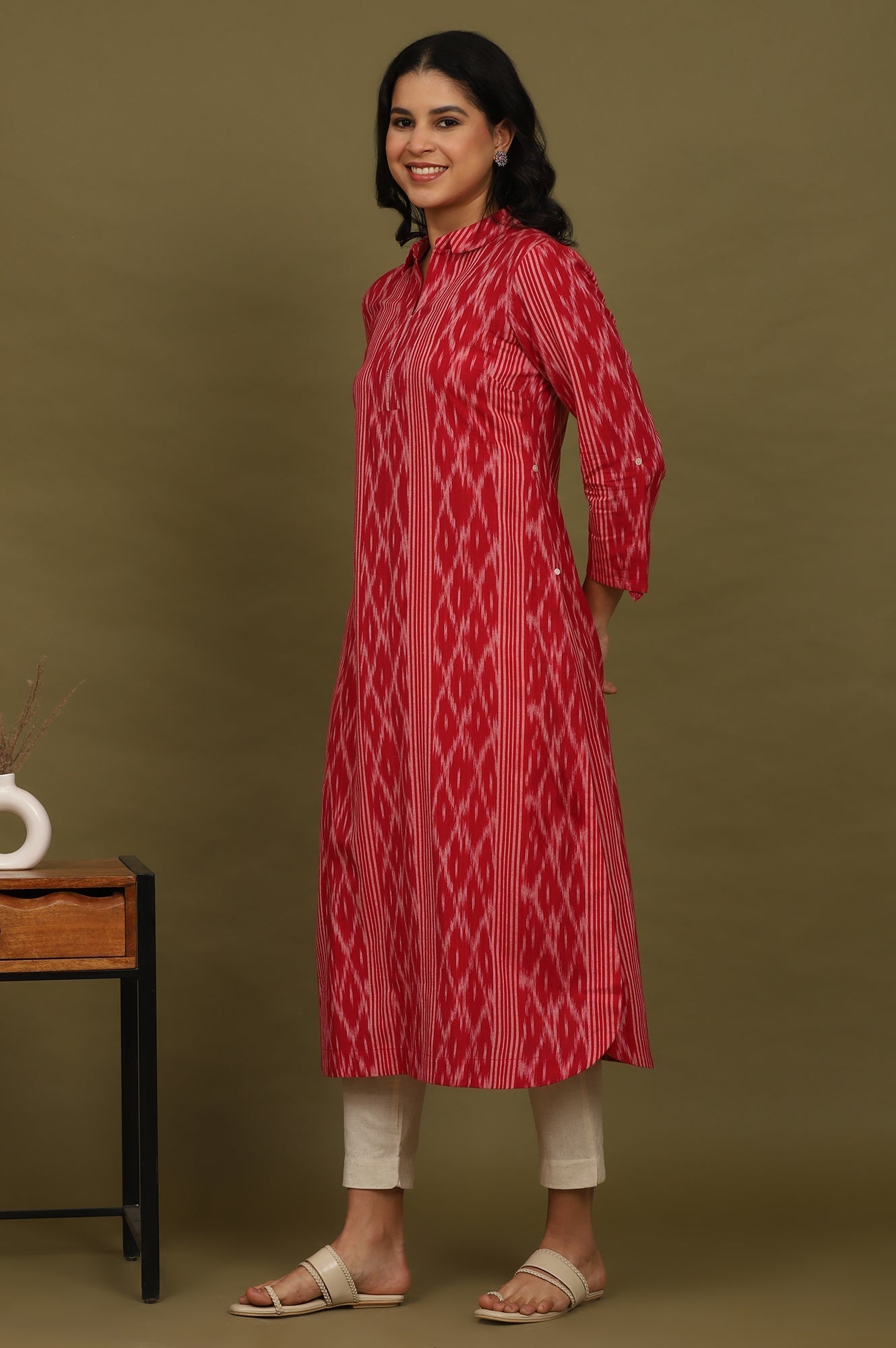 W for Woman Red Ikat Yarn Dyed Pure Cotton Shirt Collar Kurta