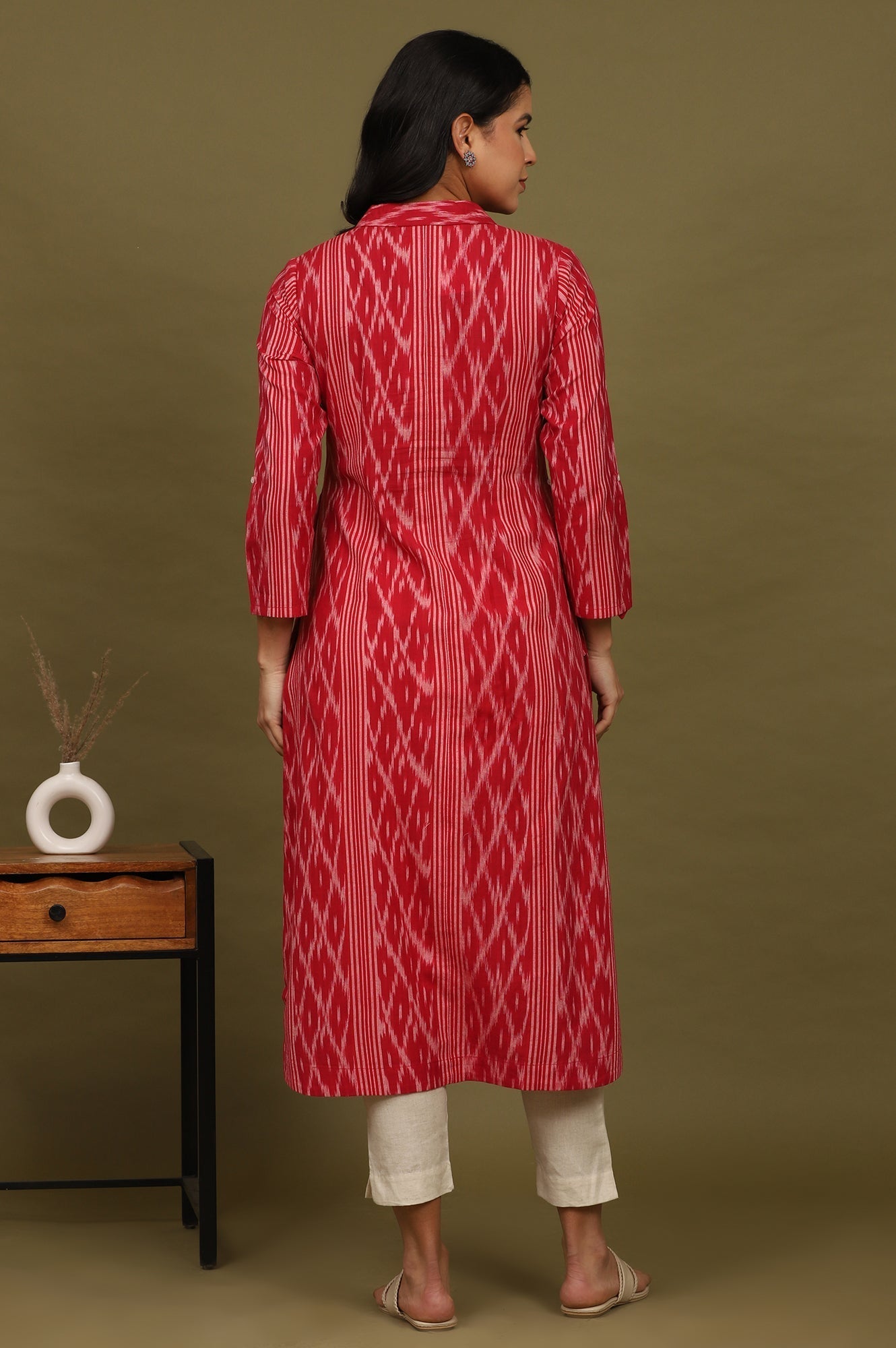 W for Woman Red Ikat Yarn Dyed Pure Cotton Shirt Collar Kurta