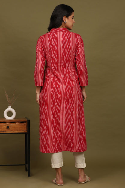 W for Woman Red Ikat Yarn Dyed Pure Cotton Shirt Collar Kurta