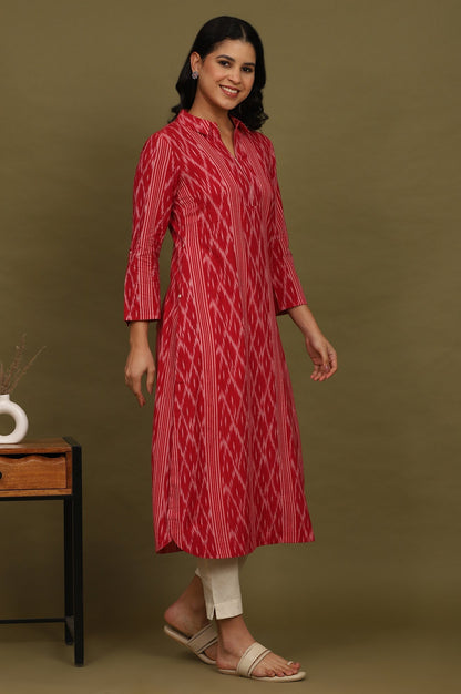 W for Woman Red Ikat Yarn Dyed Pure Cotton Shirt Collar Kurta