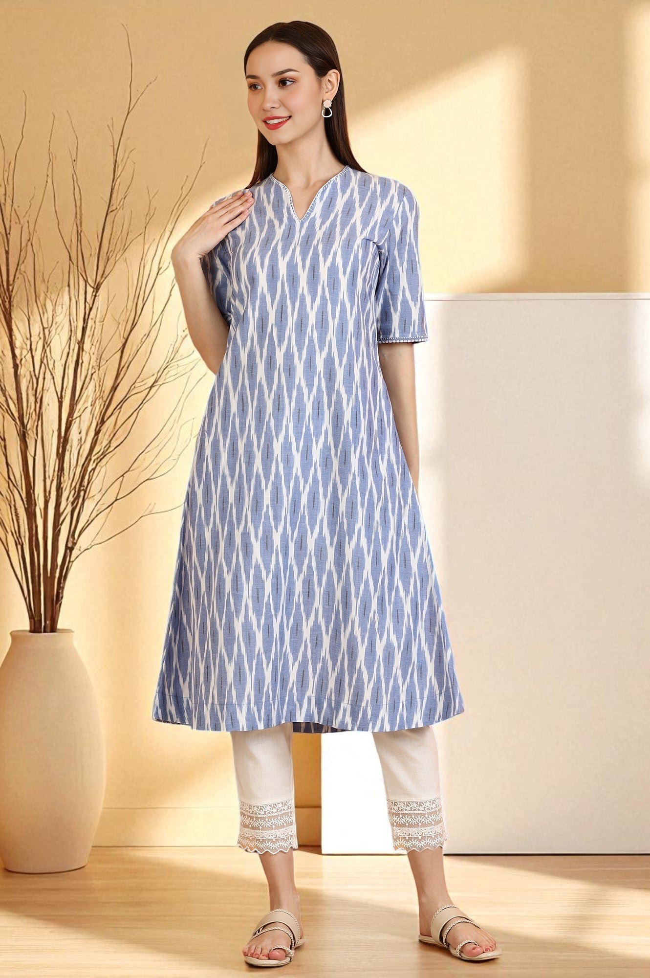 W for Woman Cobalt Blue Ikkat Yarn Dyed Pure Cotton Straight Kurta