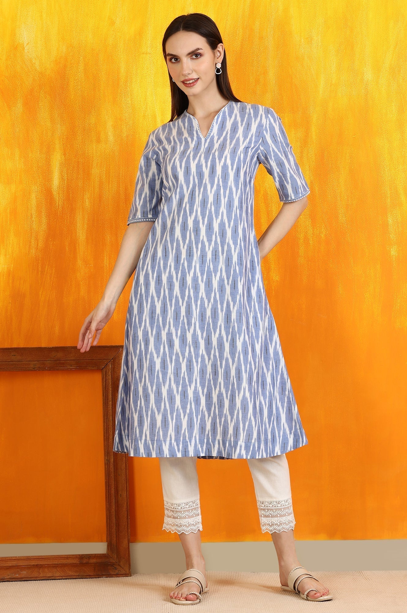 W for Woman Cobalt Blue Ikkat Yarn Dyed Pure Cotton Straight Kurta