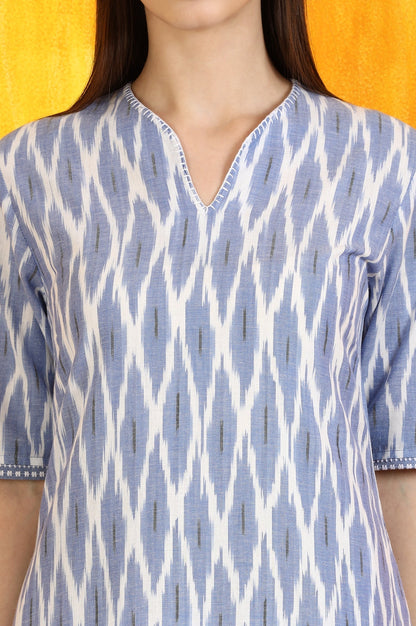 W for Woman Cobalt Blue Ikkat Yarn Dyed Pure Cotton Straight Kurta