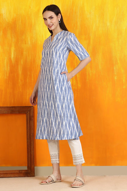 W for Woman Cobalt Blue Ikkat Yarn Dyed Pure Cotton Straight Kurta