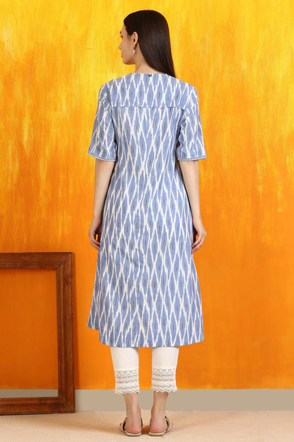 W for Woman Cobalt Blue Ikkat Yarn Dyed Pure Cotton Straight Kurta