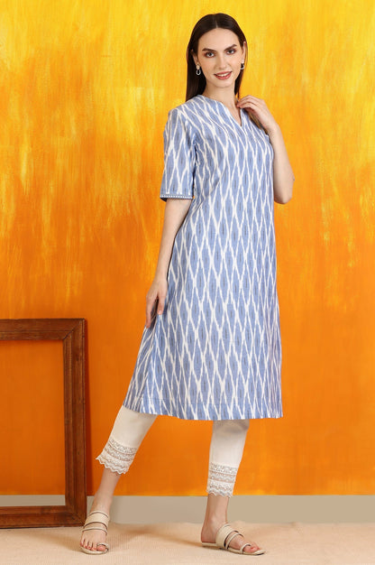 W for Woman Cobalt Blue Ikkat Yarn Dyed Pure Cotton Straight Kurta