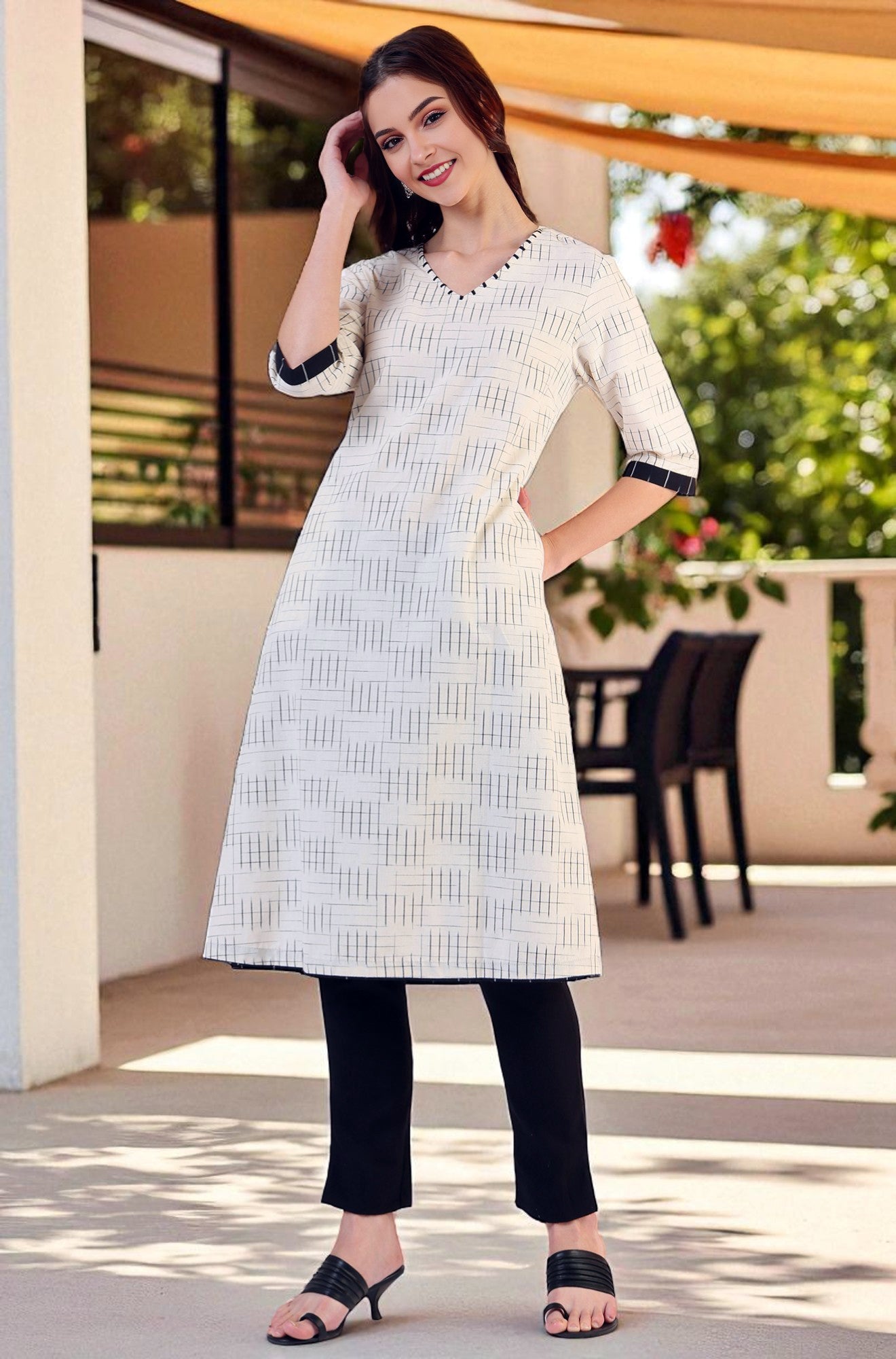 W for Woman White Ikkat Yarn Dyed Pure Cotton Straight Kurta
