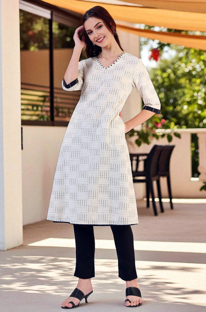 W for Woman White Ikkat Yarn Dyed Pure Cotton Straight Kurta