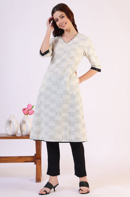 W for Woman White Ikkat Yarn Dyed Pure Cotton Straight Kurta