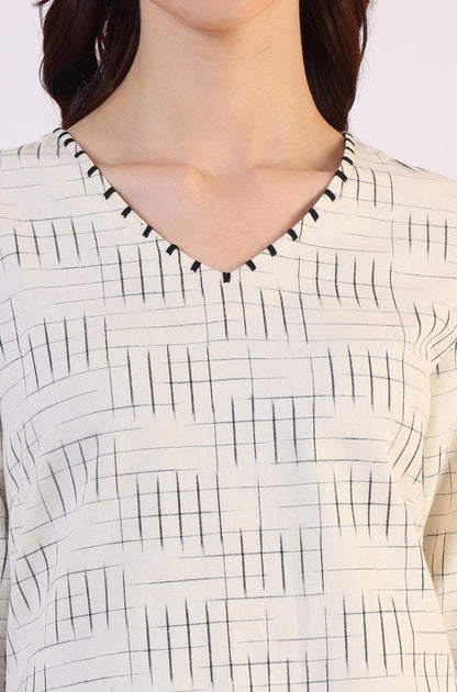 W for Woman White Ikkat Yarn Dyed Pure Cotton Straight Kurta