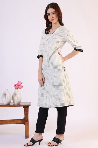 W for Woman White Ikkat Yarn Dyed Pure Cotton Straight Kurta