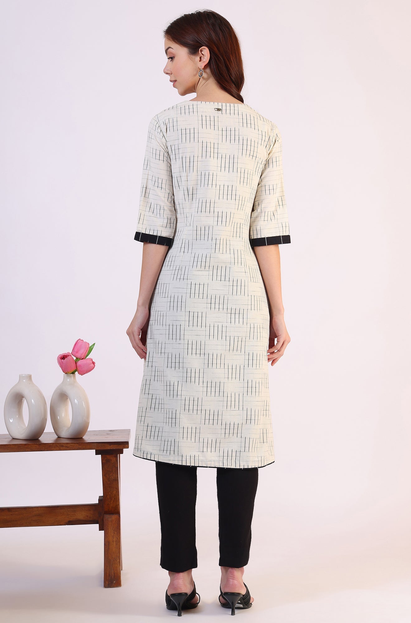 W for Woman White Ikkat Yarn Dyed Pure Cotton Straight Kurta