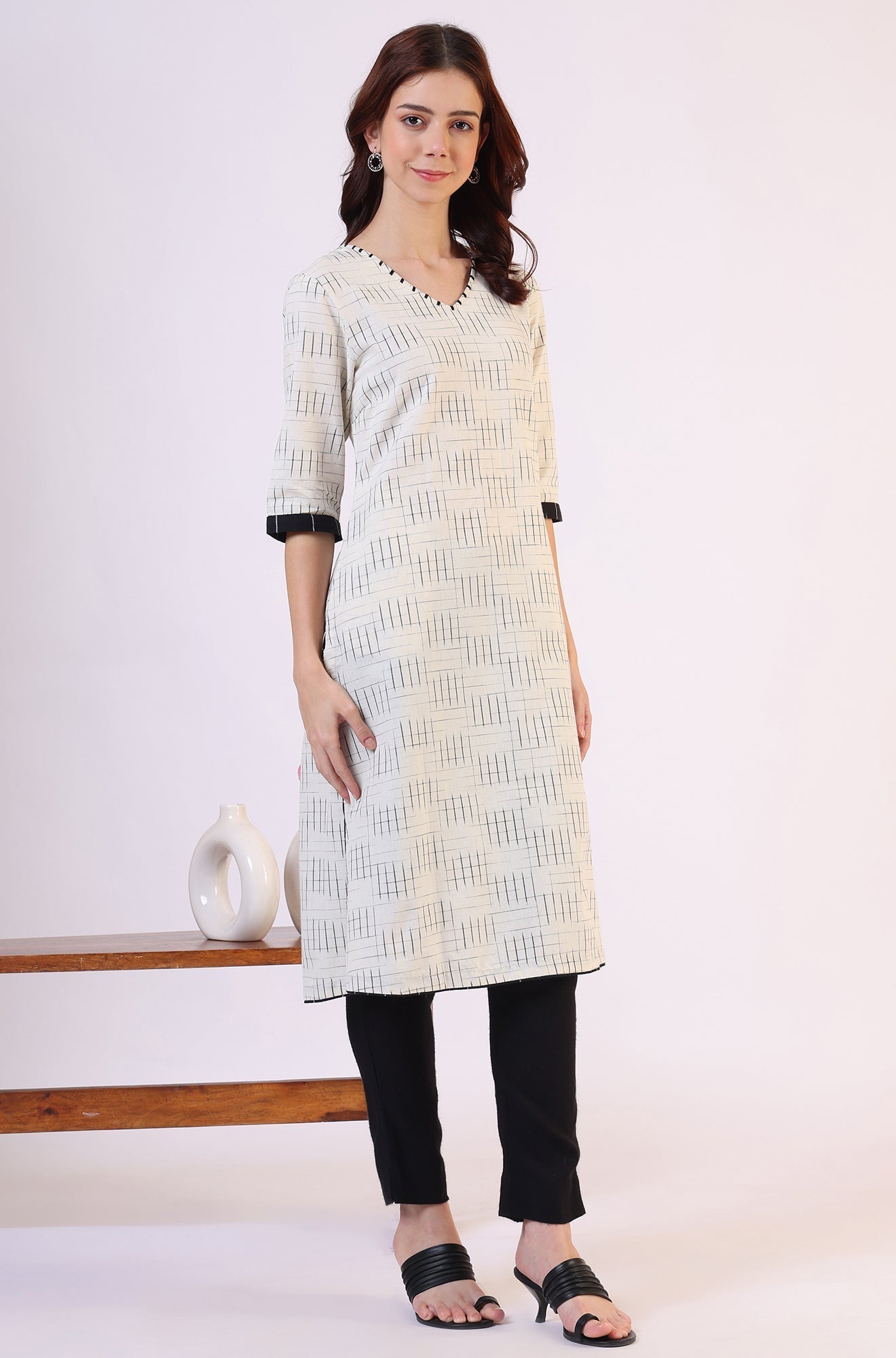 W for Woman White Ikkat Yarn Dyed Pure Cotton Straight Kurta