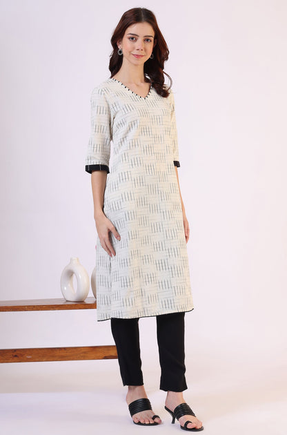W for Woman White Ikkat Yarn Dyed Pure Cotton Straight Kurta