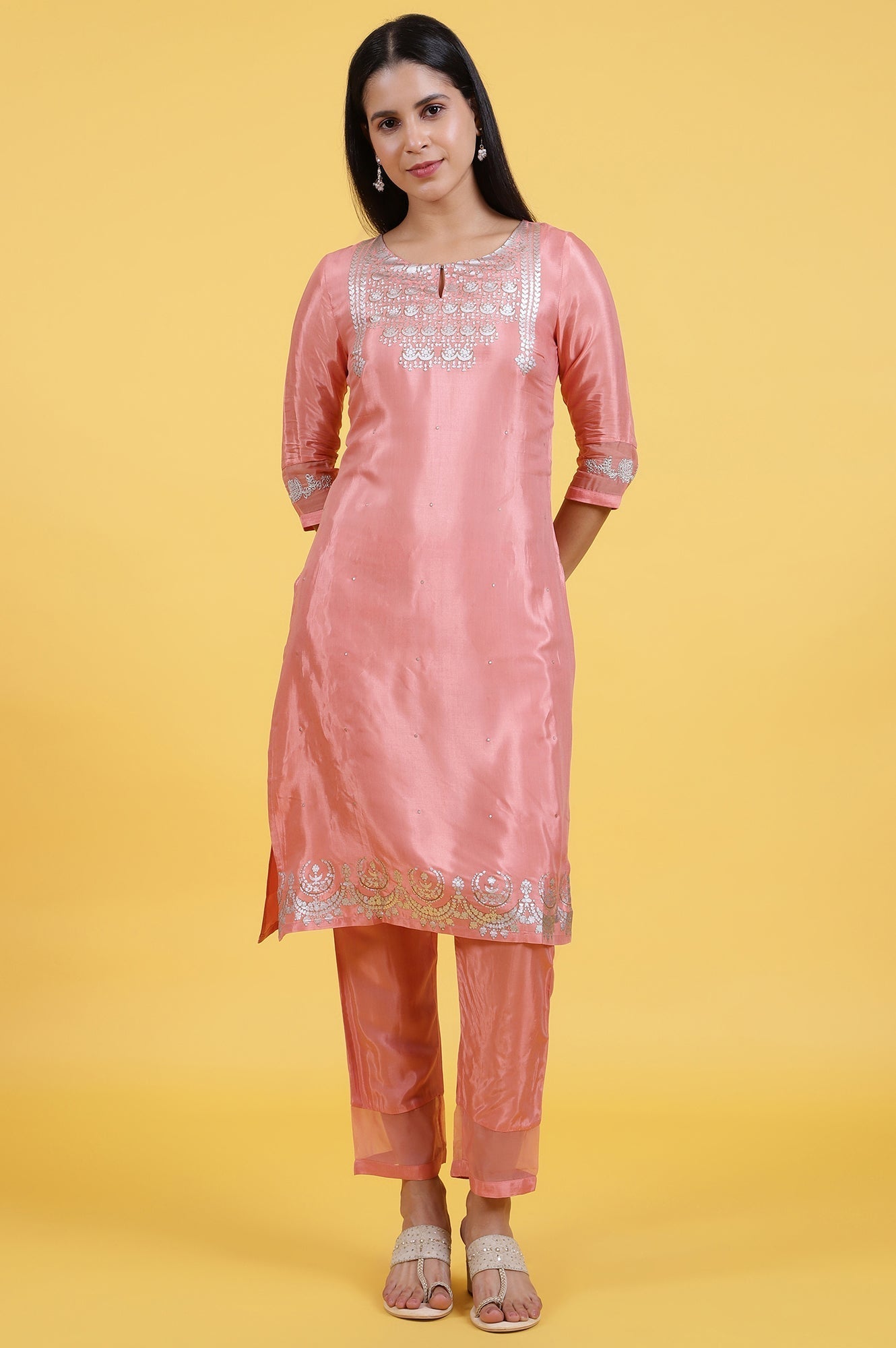 W for Woman Pink Printed Shantung Straight Kurta in Keyhole Neck