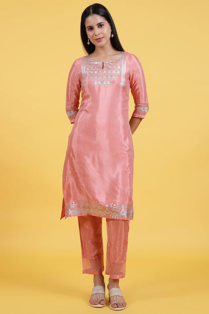 W for Woman Pink Printed Shantung Straight Kurta in Keyhole Neck