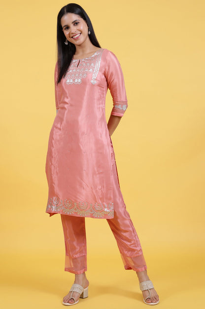 W for Woman Pink Printed Shantung Straight Kurta in Keyhole Neck