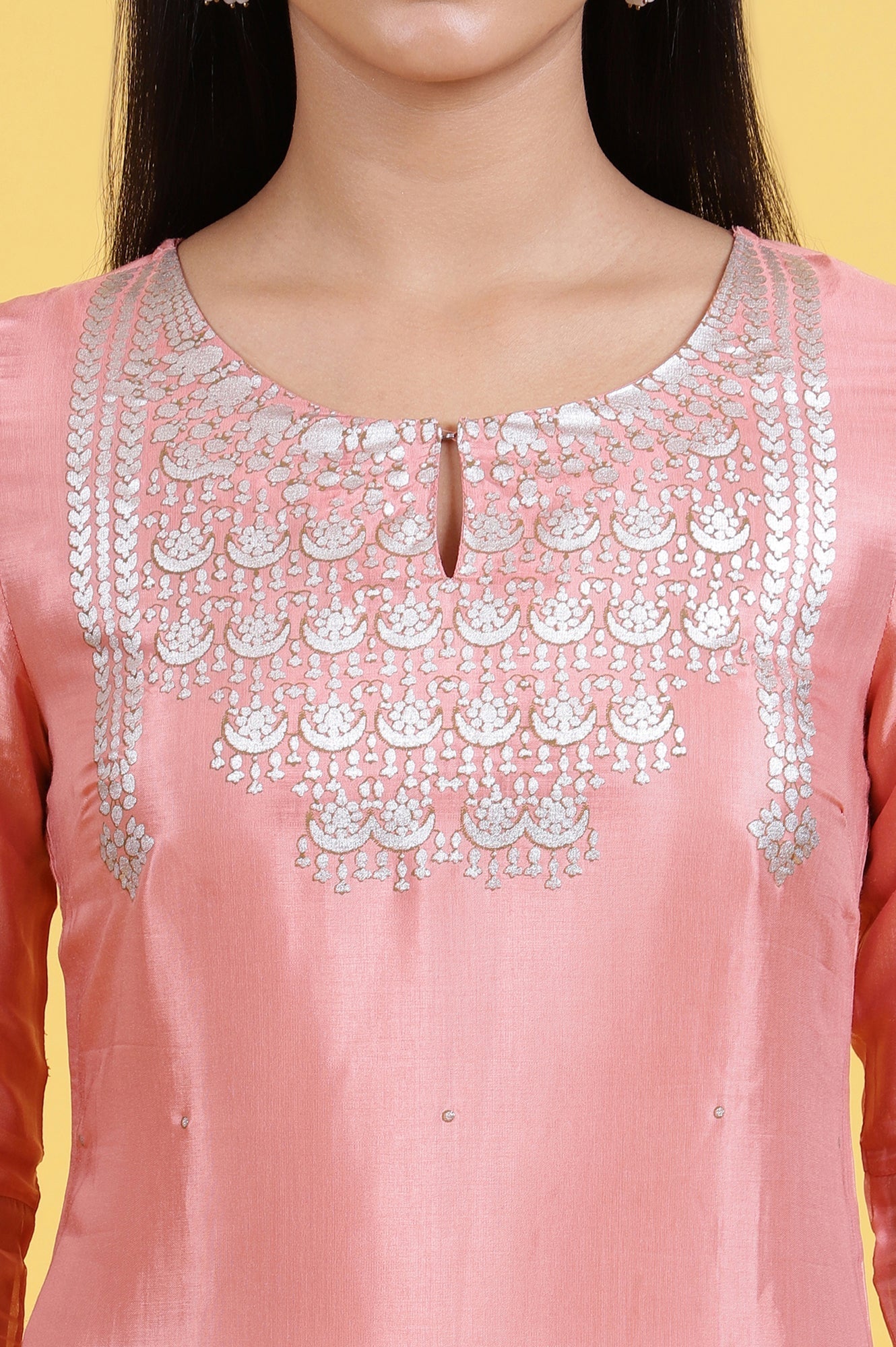 W for Woman Pink Printed Shantung Straight Kurta in Keyhole Neck