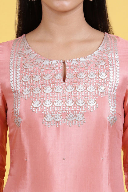 W for Woman Pink Printed Shantung Straight Kurta in Keyhole Neck