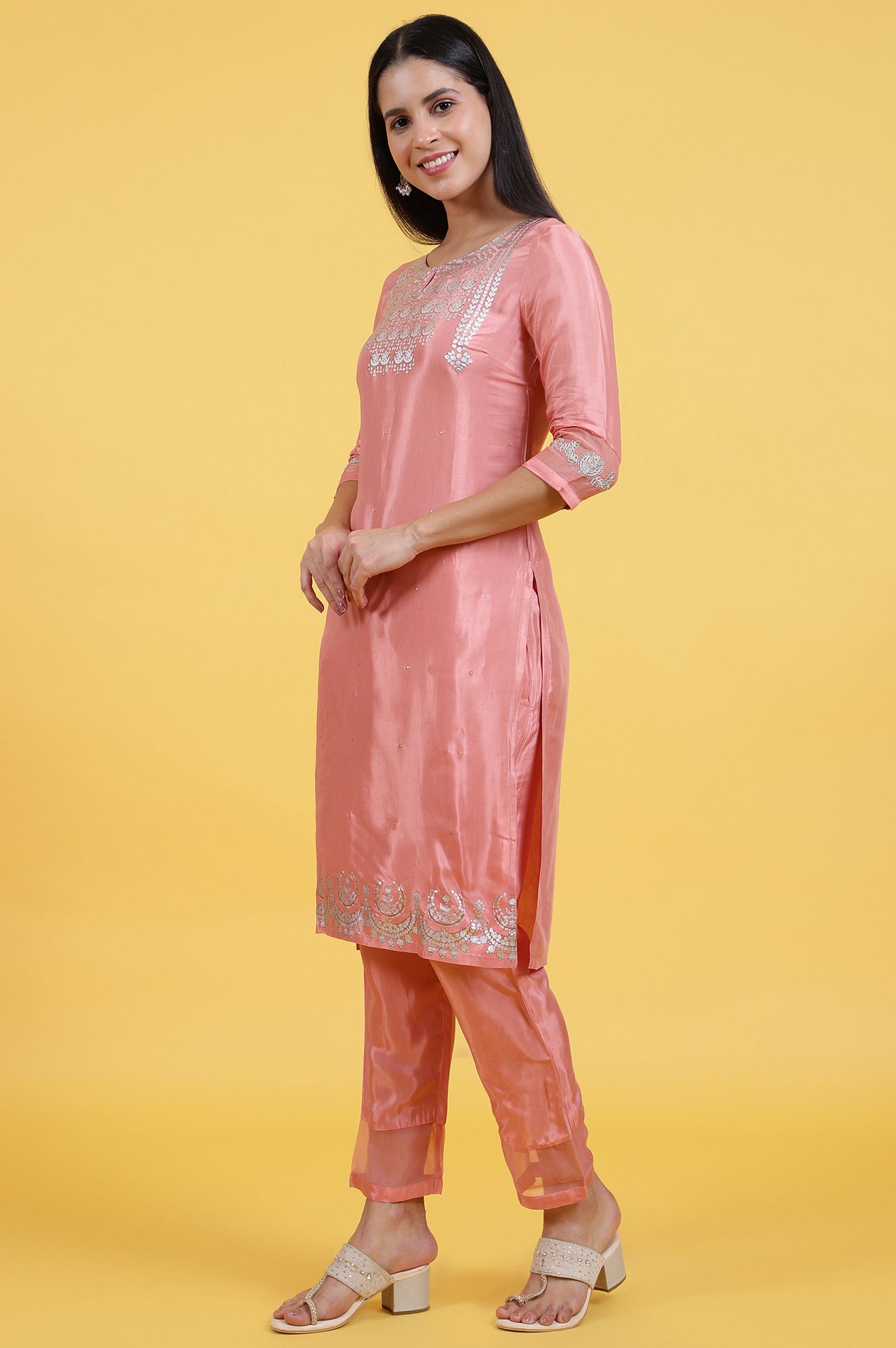 W for Woman Pink Printed Shantung Straight Kurta in Keyhole Neck