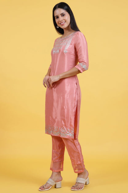 W for Woman Pink Printed Shantung Straight Kurta in Keyhole Neck