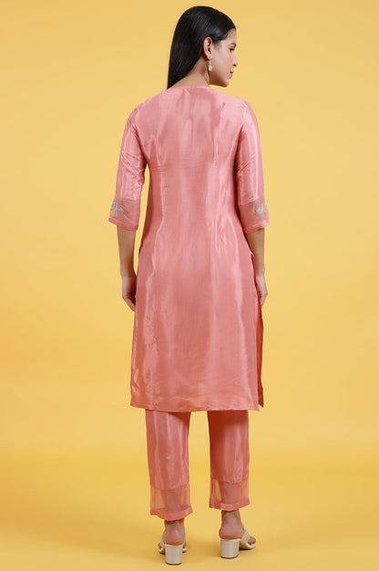 W for Woman Pink Printed Shantung Straight Kurta in Keyhole Neck