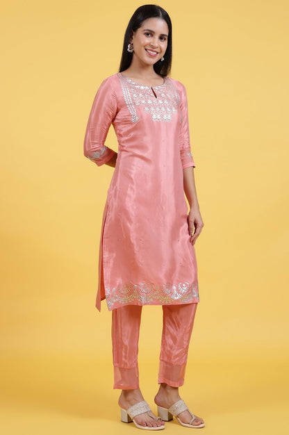 W for Woman Pink Printed Shantung Straight Kurta in Keyhole Neck