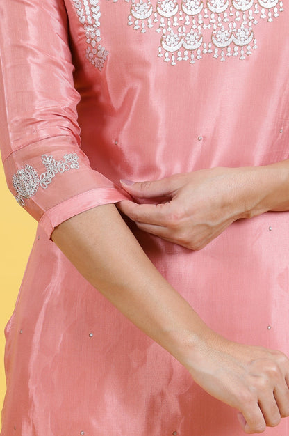 W for Woman Pink Printed Shantung Straight Kurta in Keyhole Neck
