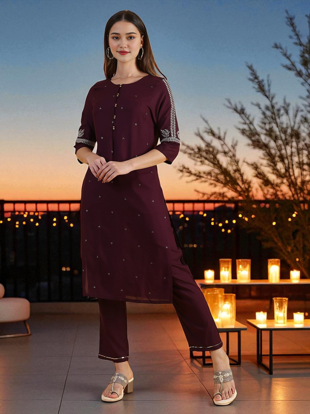 W for Woman Purple Embroidered Straight Kurta in Round Neck
