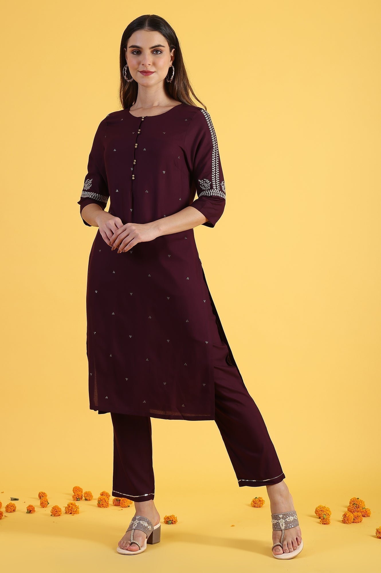 W for Woman Purple Embroidered Straight Kurta in Round Neck