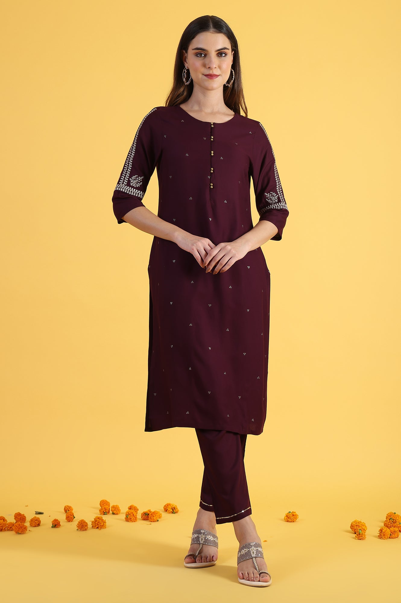 W for Woman Purple Embroidered Straight Kurta in Round Neck