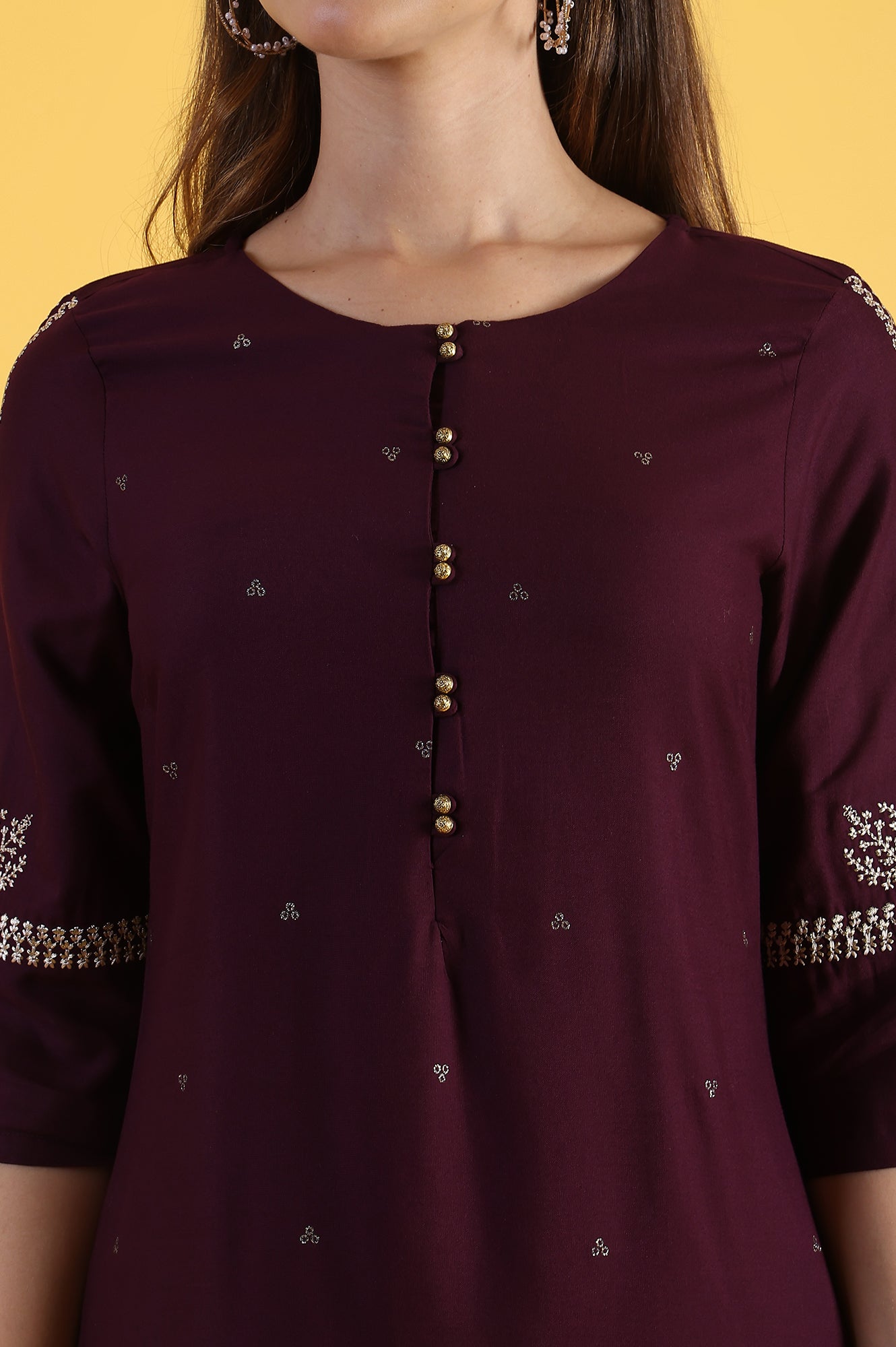 W for Woman Purple Embroidered Straight Kurta in Round Neck