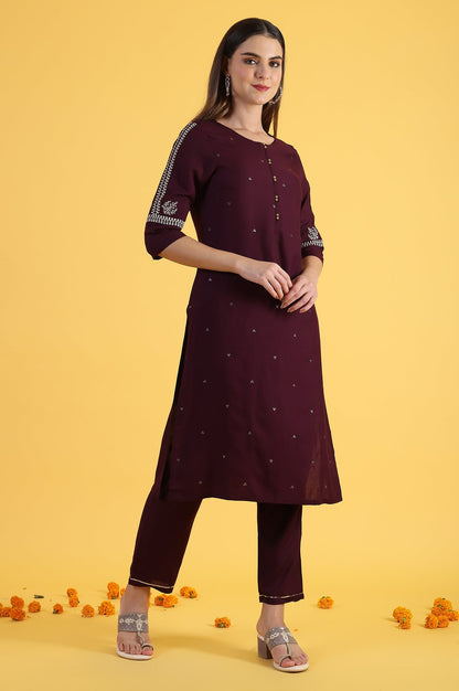 W for Woman Purple Embroidered Straight Kurta in Round Neck