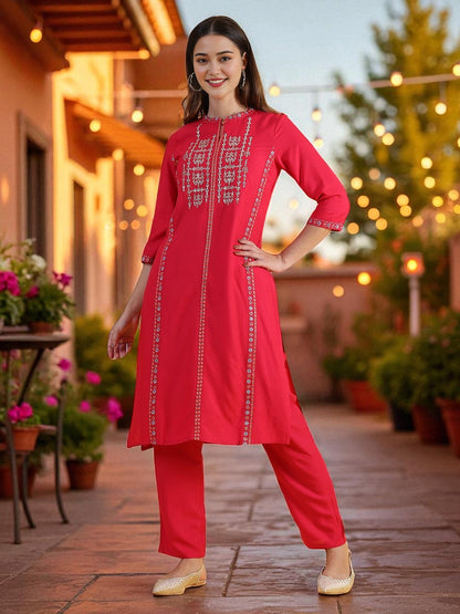 W for Woman Pink Glitter Printed Embroidered Straight Kurta