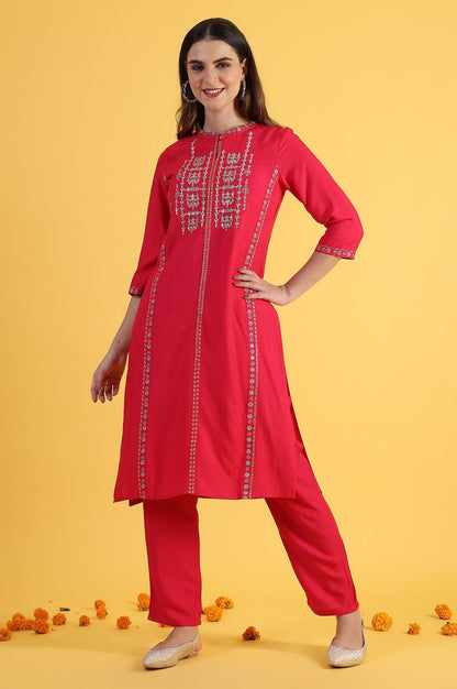 W for Woman Pink Glitter Printed Embroidered Straight Kurta