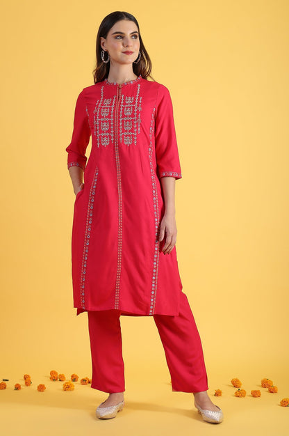 W for Woman Pink Glitter Printed Embroidered Straight Kurta
