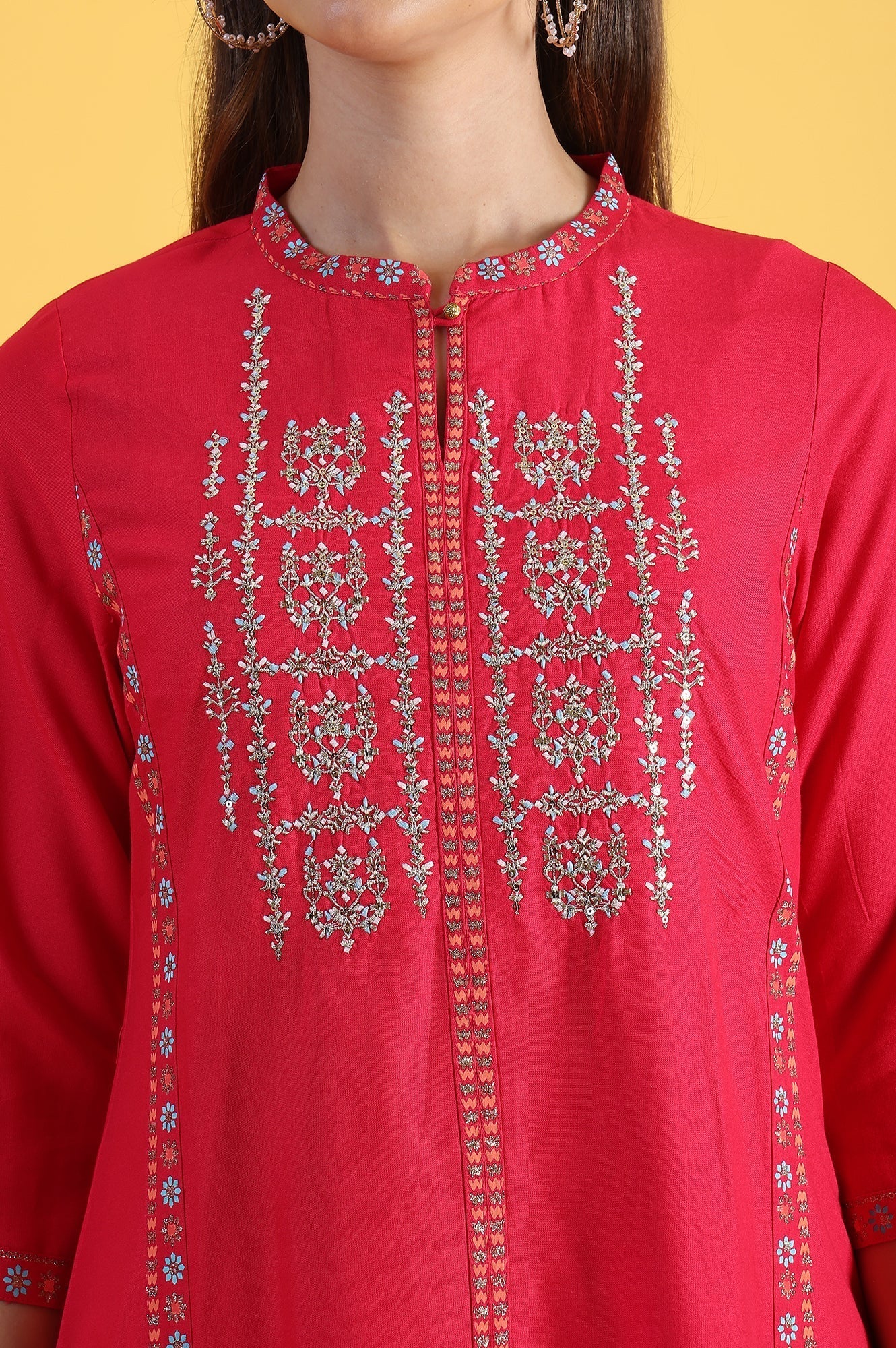 W for Woman Pink Glitter Printed Embroidered Straight Kurta