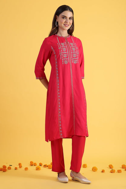 W for Woman Pink Glitter Printed Embroidered Straight Kurta