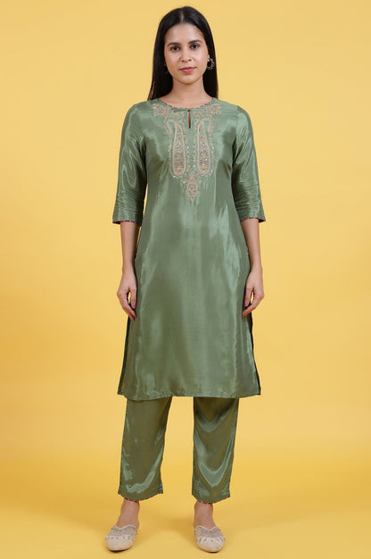 W for Woman Light Green Embroidered Shantung Straight Kurta